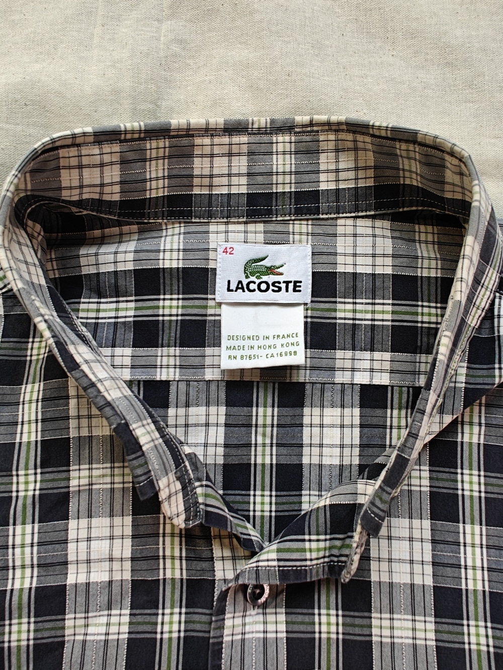 Lacoste Black, Cream & Green Plaid Button-Down Shirt Size L